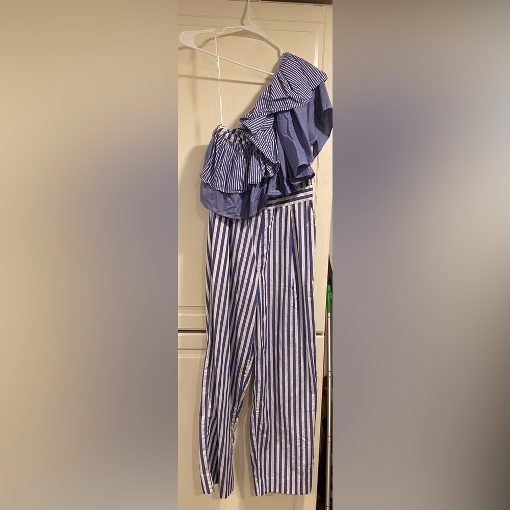 J. Crew purple and White Striped Ruffle one shoulder Jumpsuit w/ pockets size 6